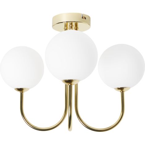Lámpara de Techo Moderna Vidrio 3 Luces Placa Metálica Pantalla Redonda Colgante Blanco y Dorado Shire