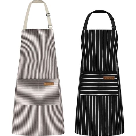 Lot de 2 Tabliers de Cuisine Femme, Tablier en Lin et Coton, Réglable Chef Tabliers avec Poches pour Cuisine, Jardinage, Restaurant, Barbecue, Rayures (Noir, Café) (1/5)