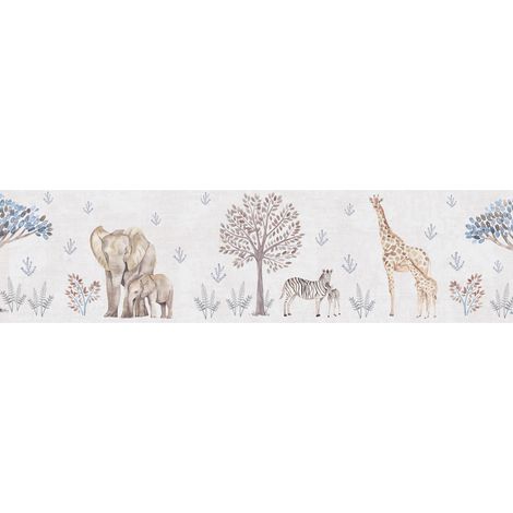 Papel pintado infantil Profhome 771771 cenefa liso con dibujo de animales mate crema gris-beige blanco crema 5 m