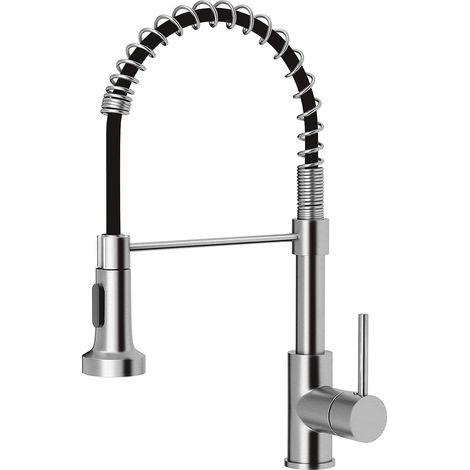 Robinet Cuisine Douchette Extractible à Ressort, Flexible Rotatif 360°, Mitigeur Cuisine 2 Modes de Pulvérisation, Eau Chaude Froide, Démarrage à Froid, Monotrou, Installation Facile (1/5)