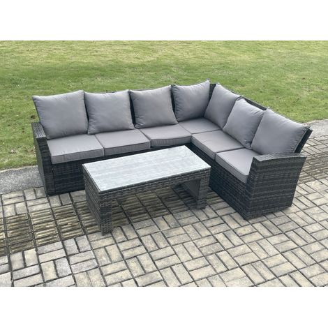Fimous 6 Seat Rattan Garden Furniture Corner Sofa Set Outdoor Patio Sofa Table Set with Cushions Dark Grey Mixed (1/5)