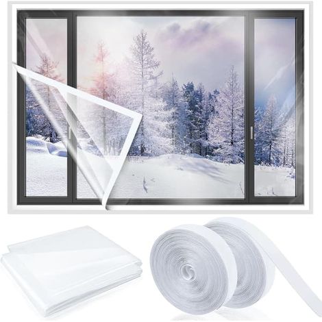 Kit d'isolation pour fenêtre, 160 x 160 cm, découpable, film transparent avec bandes adhésives, réutilisable, plastique, pour l'hiver, épais, thermique, imperméable (1/5)