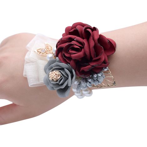 (rouge) 2 pièces de décoration de mariage, bracelet de demoiselle d'honneur, petite rose thé, F (1/4)