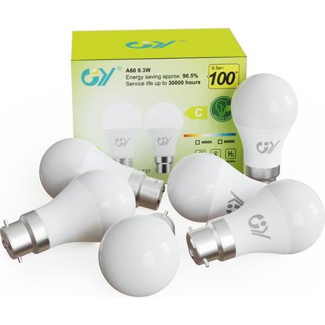 GY Ampoule LED B22 Classe C 9.3W (Équivalent 100W) ,1500 Lumens 3000K Blanc Chaud , A60 Ampoules Culot B22 Baïonnette LED, Économie d'Énergie,Angle 280°, Non-Dimmable,Lot de 6 (1/5)