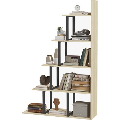 Étagère bibliothèque séparateur de pièce style industriel en escalier 5 étagères 102 x 30 x 160 cm coloris chêne (1/5)