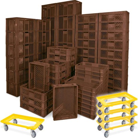 BRB 78 Stück Stapelkörbe/Bäckerkästen in 5 Größen, Grundmaß LxB 600x400 mm, H 90 mm, 150 mm, 240 mm, 320 mm, 410 mm, + 5x Transportroller gelb (braun)
