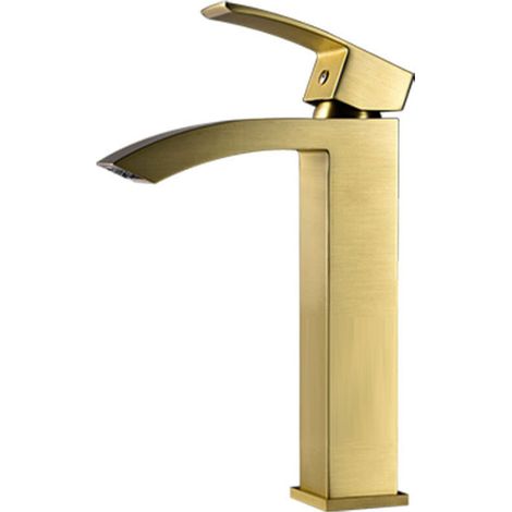 Hochfließende Waschbeckenarmatur aus Edelstahl 304 mit bogenförmigem Design, von oben zu öffnendem Griff und goldfarbener Oberfläche.