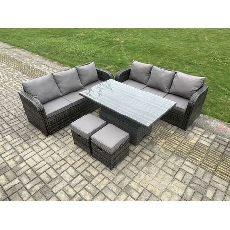 Fimous 8 Seater Outdoor Rattan Garden Furniture Sets Height Adjustable Rising lifting Dining Table Sofa Set with 2 Small Footstools Dark Grey Mixed (1/5)