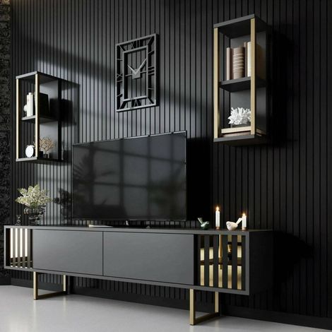Dmora - Fernsehschrank Eunomia, Ständer für Wohnzimmerfernseher, Niedriges Wohnzimmer-Sideboard, TV-Ständerbasis, 180x30h48 cm, Anthrazit und Schwarz, mit verstärkter Verpackung (1/5)