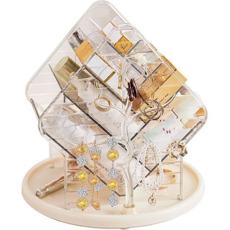 Organisateur de maquillage rotatif à 360° - Rangement cosmétique transparent à plusieurs compartiments - Porte-bijoux et organisateur de beauté pour rouges à lèvres, pinceaux, parfums et accessoires t (1/5)