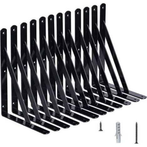 Equerre Etagere Murale, 10 Pcs Supports Triangulaires de 90 Degrés en Acier, Équerres Étagères 150mm x 95mm, Support d'angle Brace avec 50 pcs Vis et 20 pcs Ancres (Noir) (1/4)