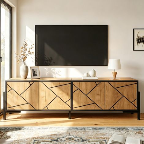 Meuble TV 153x40x50 cm, Table basse de salon pour TV jusqu'à 65 pouces avec 4 portes, Buffet bas scandinave en MDF et métal, Bois naturel (1/5)