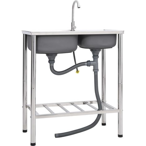 Évier de camping Double lavabo avec robinet,Evier 2 bacs Acier inoxydable -20223 (1/5)