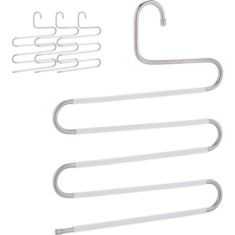 Relaxdays, Set of 4 Multi Trouser Hangers, S-Shaped, 5 Rails, Non-Slip, Space-Saving Pants Holder, Metal, Silver/White