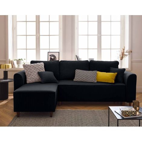 Saphir - 4-sitzer ecksofa beidseitig montierbar - schlaffunktion und bettkasten - cord - schwarz (1/5)