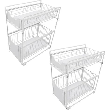 Rangement Sous évier à 2 Niveaux, Organisateur de Cuisine avec 2 Tiroirs Coulissants, Panier de Rangement Coulissan pour Garde-Manger, Chambre, Porte-épices (Blanc,2Pcs)