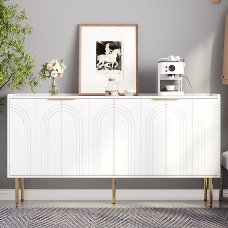 Buffet moderne blanc et doré 140 x 38 x 75 cm, 4 portes texturées, étagères réglables, pieds en métal doré (1/5)