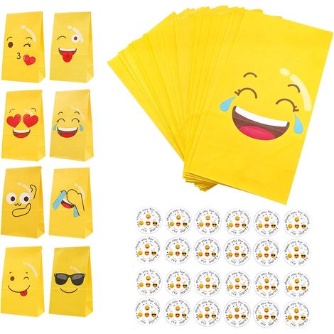 24 sacchetti regalo in carta kraft gialla con 8 faccine divertenti, 11,8 × 7,7 × 22,2 cm, con 24 adesivi di chiusura, ideali per compleanni di bambini, feste e bomboniere. (1/5)