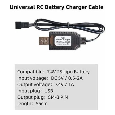 Caricabatterie USB, cavo RC universale con connettore SM-3P per batteria LiPo 2S 7.4V, compatibile con auto, barche, droni, aerei e altri giocattoli radiocomandati. (1/3)