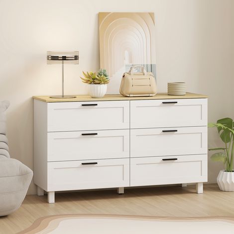 Commode 6 tiroirs. meuble de rangement avec pieds en bois de pin. style moderne. 120 x 38 x 71 cm. bois naturel et blanc