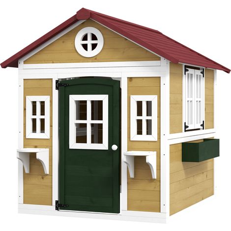 Cabane enfant extérieure maison beige 114x126x135 cm avec porte fenêtres jardinières (1/5)