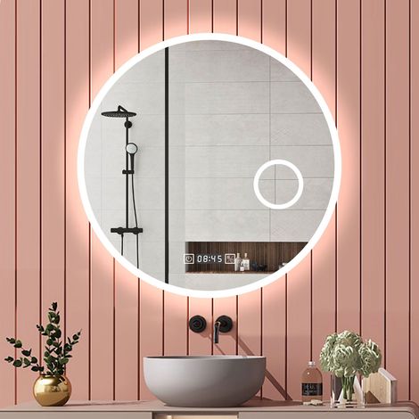 Aica Miroir de salle de bain Rond 70cm LED 3 Couleurs + Dimmable + Horloge + 3x Loupe + Anti-Buée + Mémoire