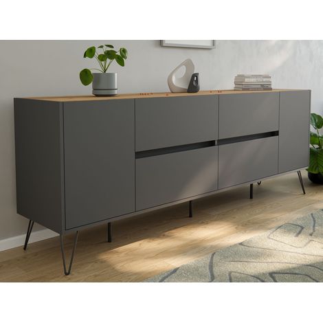 Raumwunder XXL Sideboard Heros 200cm 4 SoftClose 2 Türen Grafit/Eiche Top (1/5)