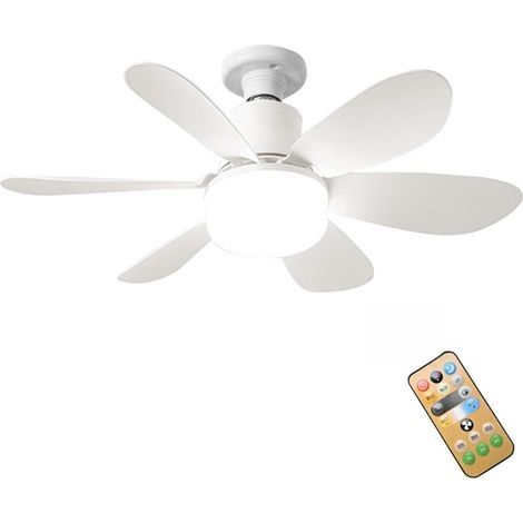 Eovaizge Ventilateur de plafond sur douille avec télécommande — Mini ventilateur sur ampoule E27, 3 couleurs, ampoule LED dimmable — Petit ventilateur de plafond avec éclairage pour chambre, salon, cu