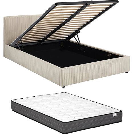 Letto con contenitore 140 x 200 cm - Velluto a coste - Crema + Materasso - VALME (1/5)