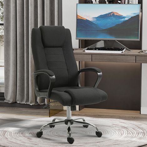Chaise de bureau ergonomique avec accoudoirs, chaise pivotante réglable en hauteur aspect lin, chaise d'ordinateur rembourrée, noire