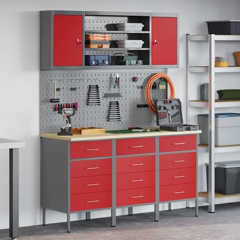 vidaXL Armario de trabajo 7 uds. Rojo Madera Ingenierizada y Acero (1/5)