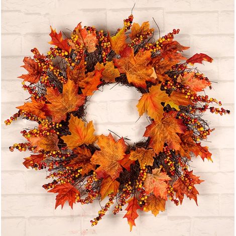 Guirlande Automne - Guirlande Porte Extérieure Artificielle en Feuilles d'Érable et Baies - Diamètre 45 cm - Décoration Saisonnière Intérieur Extérieur (1/5)
