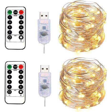 2 Lichterketten 100 LEDs 10M Warmweiß Silberdraht, USB-Stecker mit Fernbedienung Sternenlicht für Weihnachtsdekoration Hochzeitsfeier - Warmweiß (1/5)
