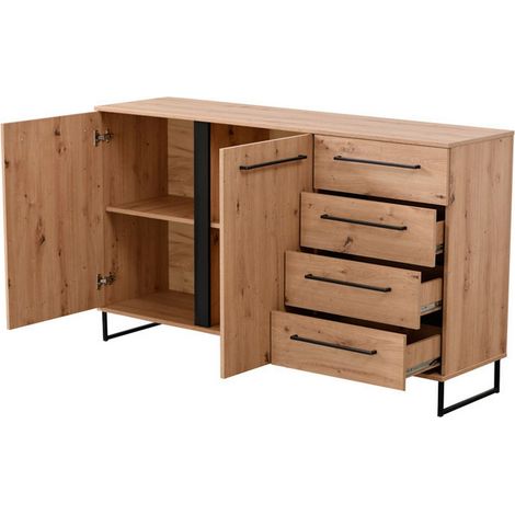 Ceredano Sideboard, Kommode 4 Schubladen, 2 Böden, Dreh- und Schiebetüren, 159x42x95h cm, Braun Eiche astig