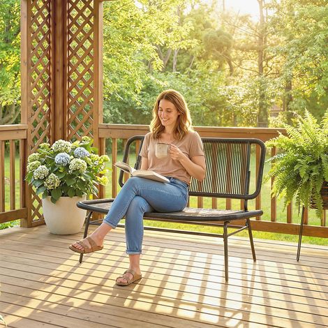 2-Sitzer-Gartensofa aus Rattan mit Sitzfläche und Rückenlehne aus Rattanstoff, Stahlrahmen, Tragkraft 240 kg, Schwarz