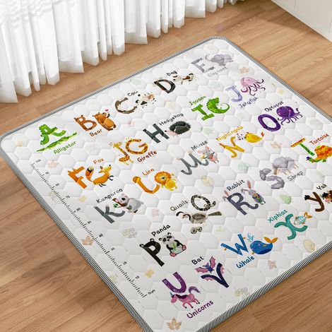 Tapis d'eveil Bebe 127x127cm, épaissi Tapis de Jeux Bebe Pliable avec 26 Lettres, Imprimé Animal et Règle de Hauteur, Éducation Précoce Tapis d'éveil, Antidérapant, Lavable en Machine (1/5)