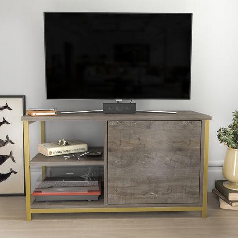 Meuble TV Muskegon 90 cm Placard et Étagères ouvertes (Doré et Wenge)