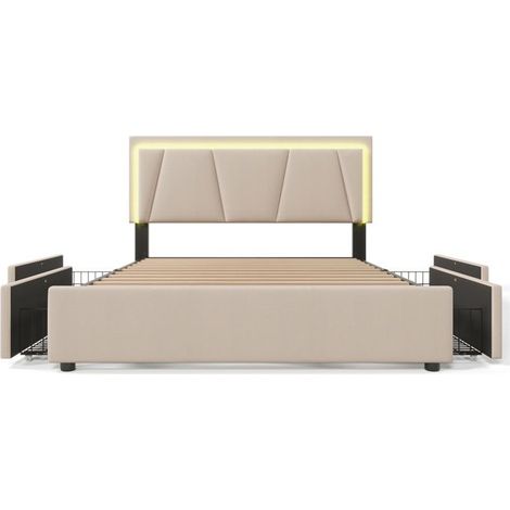 Lit rembourré 140x200 beige avec LED, 4 tiroirs, sommier à lattes, coffre, tête réglable – sans matelas