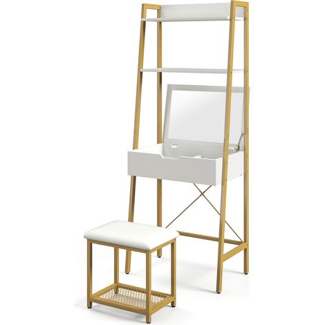 Vanity Table and Stool Set Small Ladder Makeup Dressing Desk with shelves (1/5)