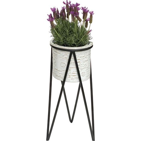 DanDiBo Blumenhocker mit Topf Metall Schwarz Weiß S 50 cm Blumenständer 96043 Blumensäule Modern Pflanzenständer Pflanzenhocker