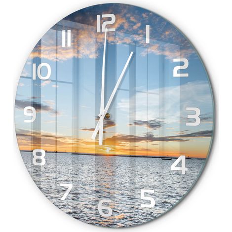 Horloge Murale Ronde Originale en Verre Silencieuse Design Moderne Salon Crépuscule au bord de la mer fi 60 cm (1/5)