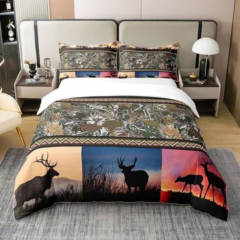 Housse de Couette 240x260 Cerf, Ensemble de Literie en Cerf de Chasse, Parure de Lit Animal des Bois, Patchwork de Scène Naturelle, (1/5)