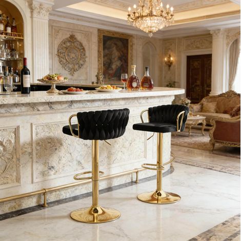 Set de 2 taburetes de bar 49,5 × 50,5 × 98 cm, negros de terciopelo con respaldo y reposabrazos (1/5)