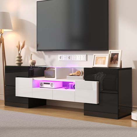 Meuble TV Blanc Laqué Haute Brillance 145 cm avec Plateau Verre, Éclairage LED Multicolore, 6 Portes, 2 Tiroirs, Console TV pour Salon Design Contemporain, Noir brillant + Blanc (1/5)