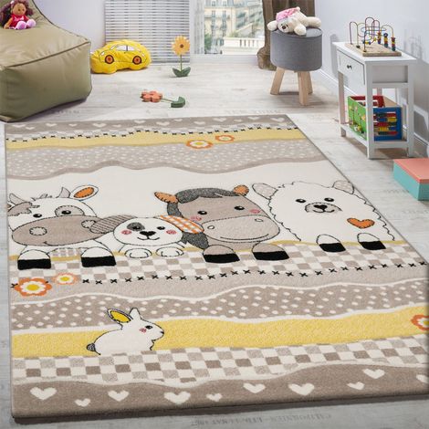 Paco Home Kinderteppich Kinderzimmer Lustige Bauernhof Tiere Konturenschnitt Beige Grau Ø 120 cm Rund
