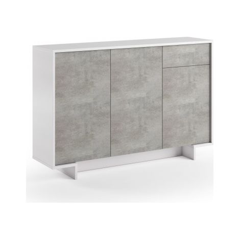Buffet Frame Slim 3 portes avec tiroir à ouverture par pression, blanc et béton, 134 x 35 x 87 cm - Terraneo (1/3)