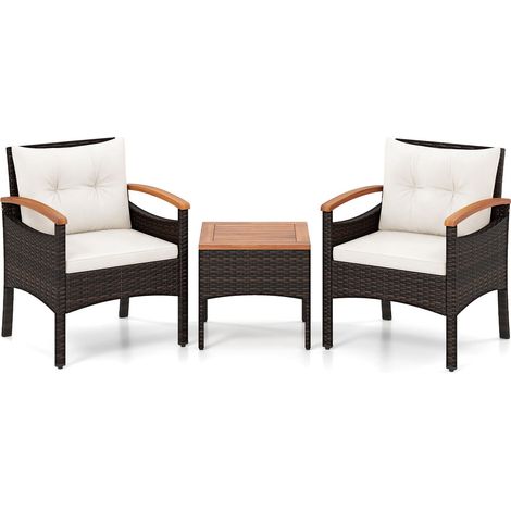 Conjunto de muebles de patio de ratán de 3 piezas con cojines y mesa auxiliar.