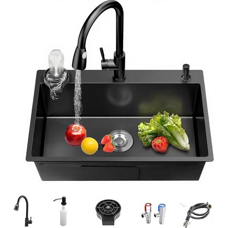 Évier de cuisine noir 80 x 45 cm en acier inoxydable – Évier compact à encastrer avec égouttoir – Idéal pour les petites cuisines, bars ou buanderies (Évier à poser, 80 x 45cm) (1/5)