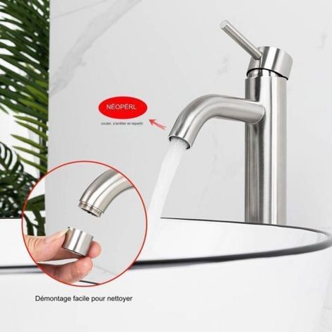 Robinet Lavabo - Mitigeur Haut Salle De Bains - Raccordement Eau Chaude Froide - Acier Inoxydable Brossé - 1 Pièce (1/4)
