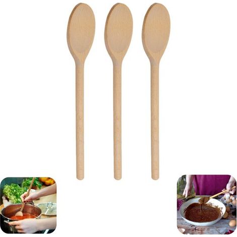Cuillères en bois lot de 3 - cuillères à soupe, à riz et à mélanger pour la cuisine, brun, 23,5 cm (1/5)